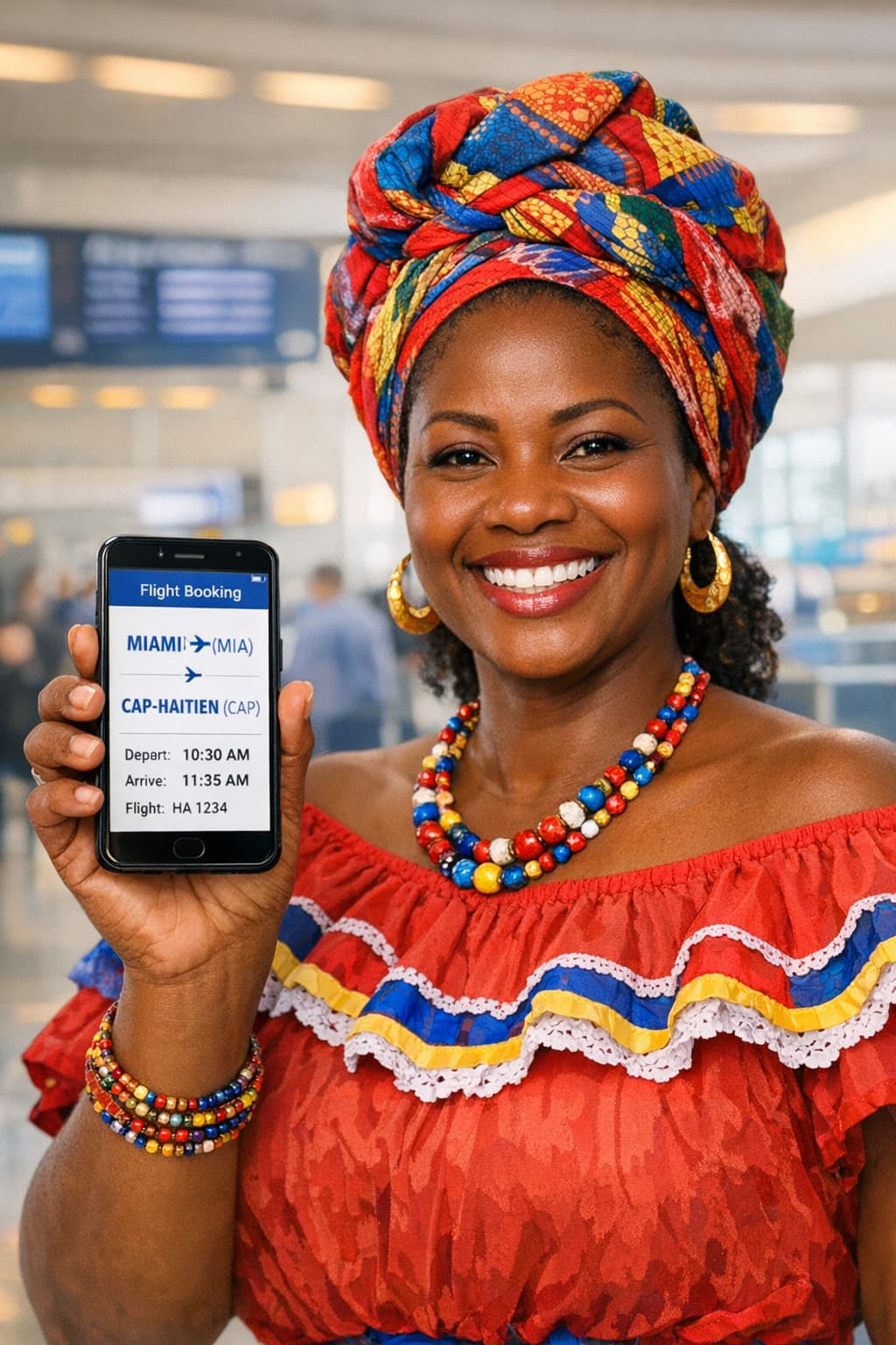 Haitian woman holding phone showing flight from Miami to Cap Haitien