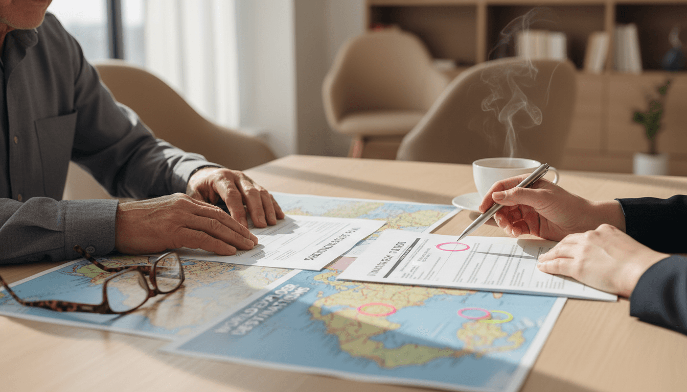 Travel agent walking elderly client through booking documents