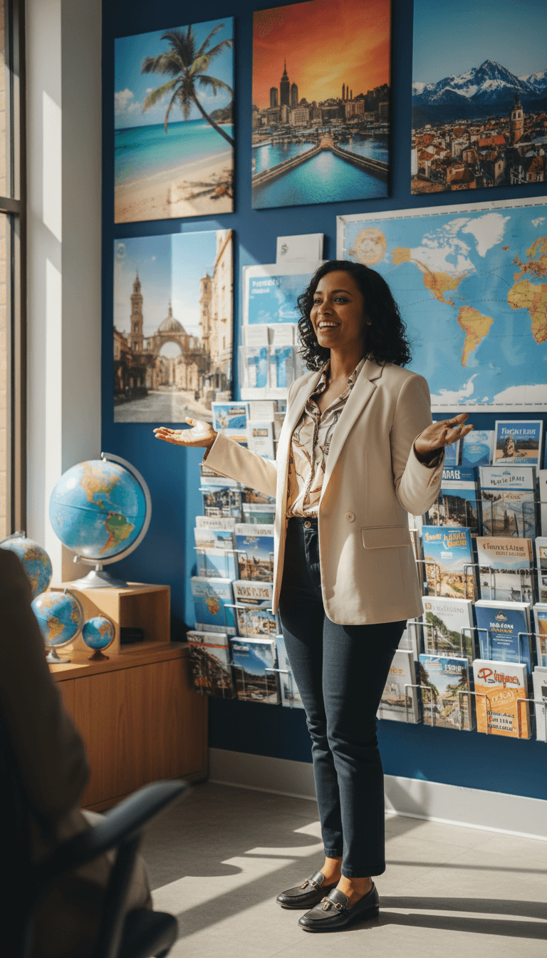 Travel agent standing confidently in modern agency office surrounded by destination maps and travel posters
