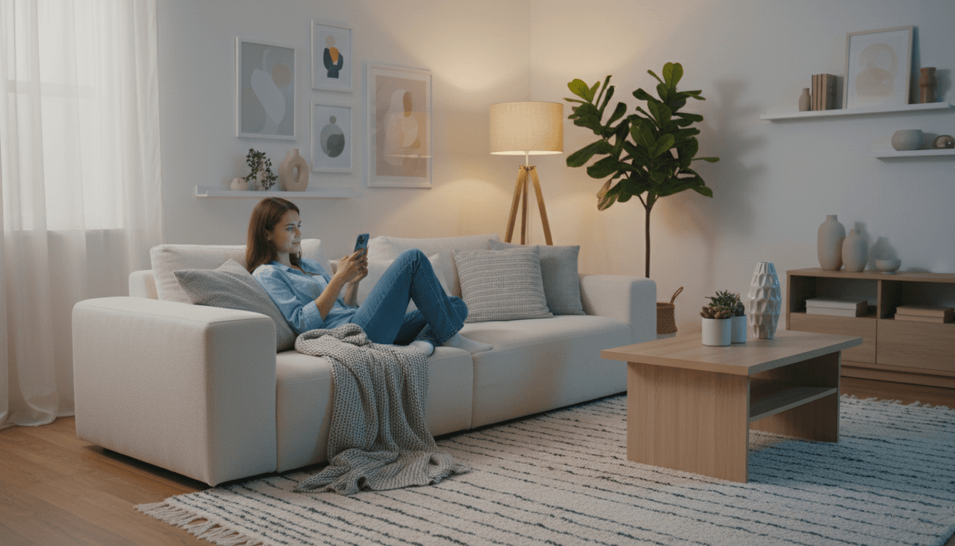 Elderly woman smiling while reviewing flight options on a tablet in a bright, comfortable home setting