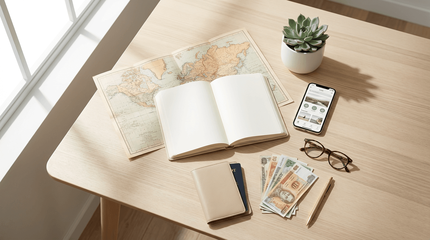 Overhead organized travel workspace with journal, map, phone, passport, and currency on light wood table.