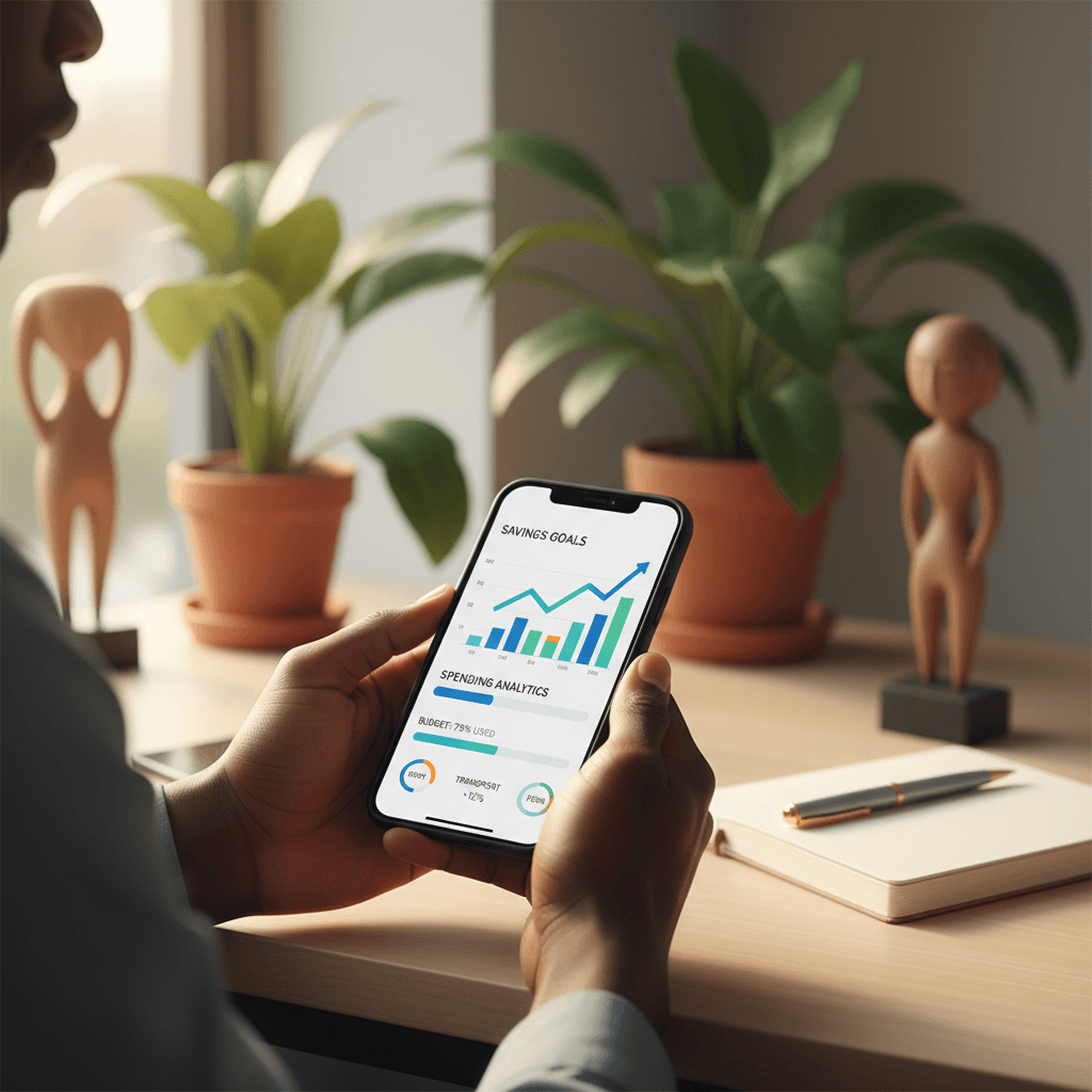 Hands holding smartphone showing colorful financial dashboard with budget charts and expense tracking in natural light