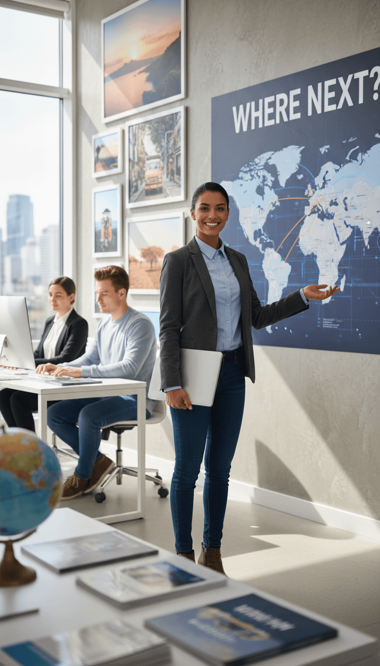 Professional travel consultant standing in agency office holding laptop with world map and team workspace visible behind