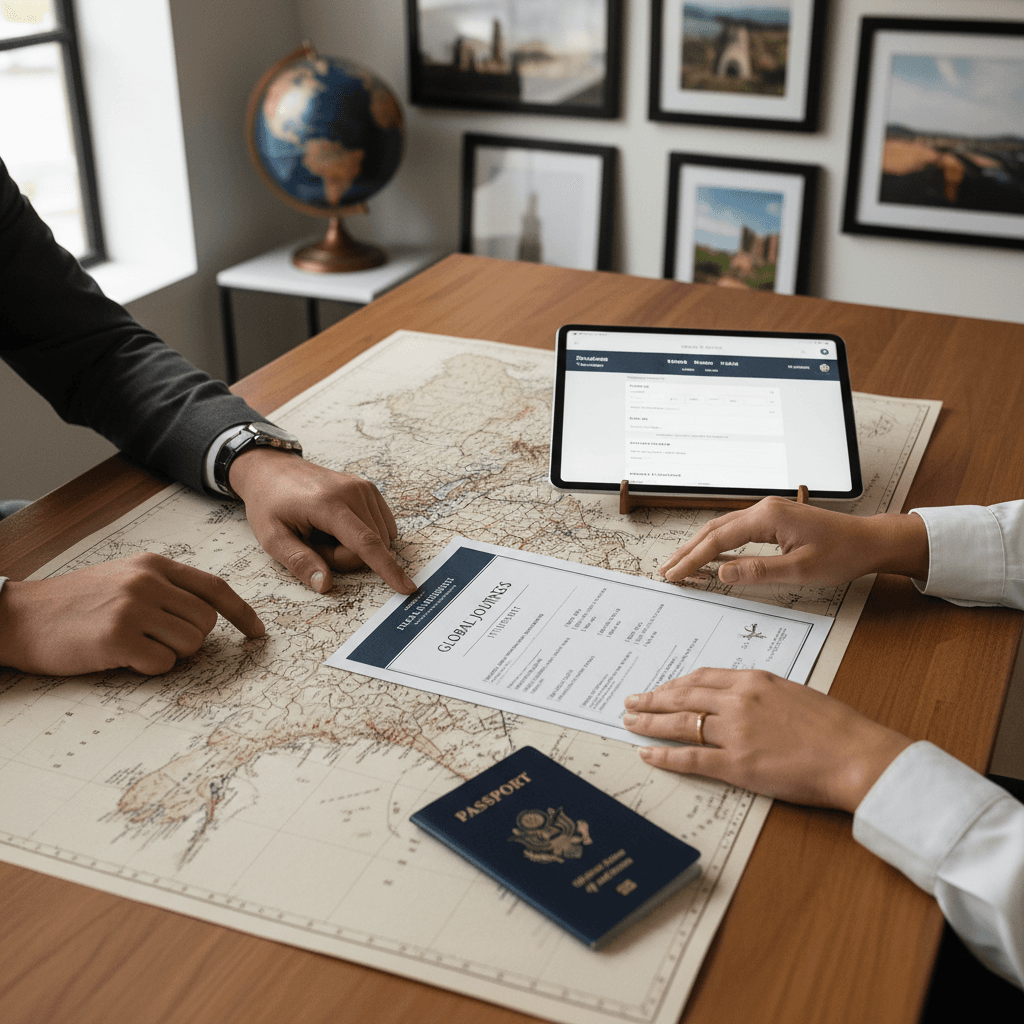 Travel agent and client reviewing destination map and itineraries at organized workspace desk with travel documents