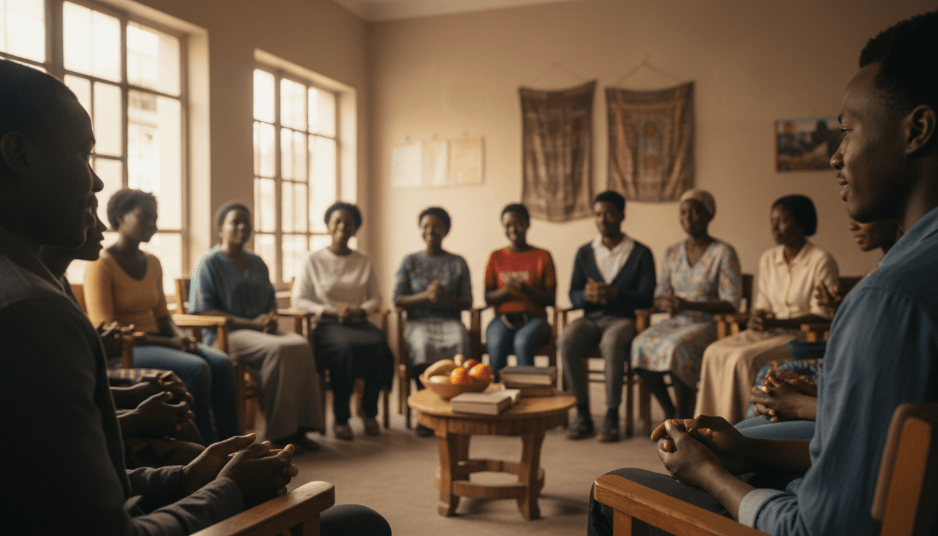 Diverse community members gathered in prayer circle during faith-based counseling session in welcoming indoor space