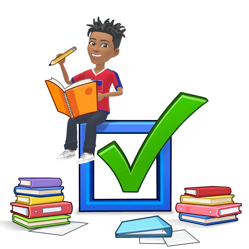 Cartoon student sitting on a large checkmark, holding a notebook and pencil amidst books.