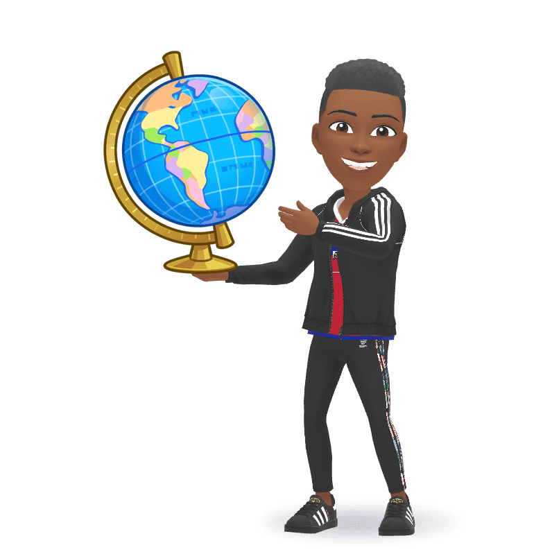 Smiling Black male avatar wearing a black tracksuit and holding a large world globe.